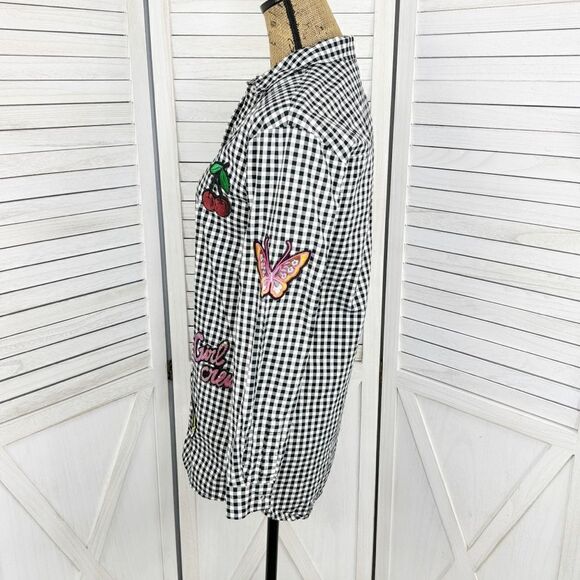 H&M Sequin Appliqué Gingham Check Button Front Shirt Black White Size 2 - Picture 3 of 15
